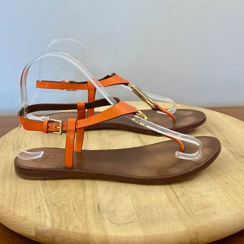Tory Burch Padlock Orange Leather T-Strap Thong Flat Sandals Sz 6 M Gold-Tone